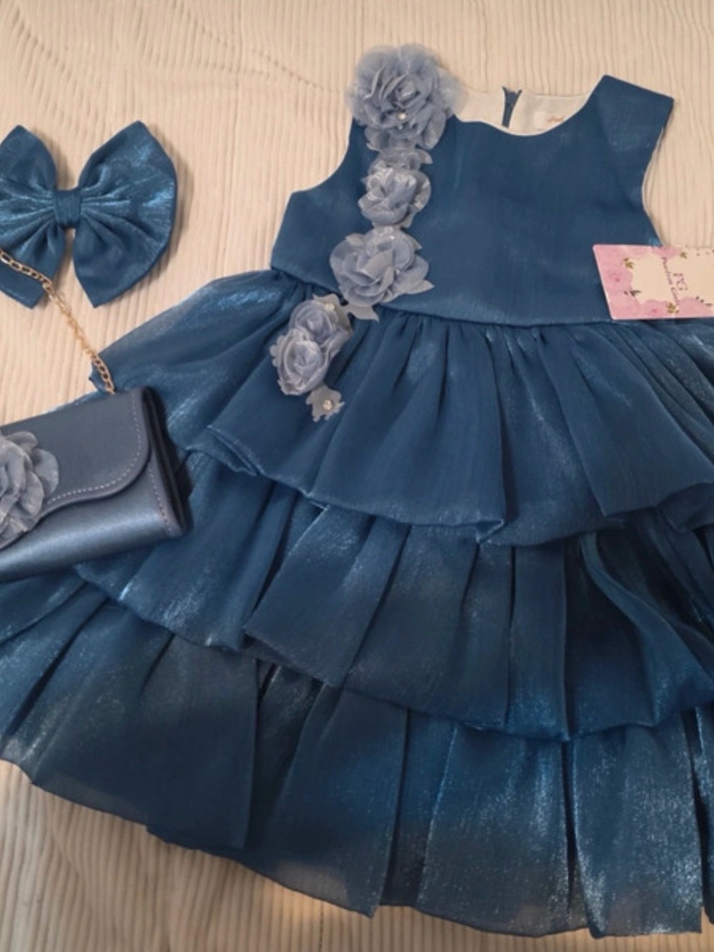 Blue Floral Tiered Party Dress for Girls